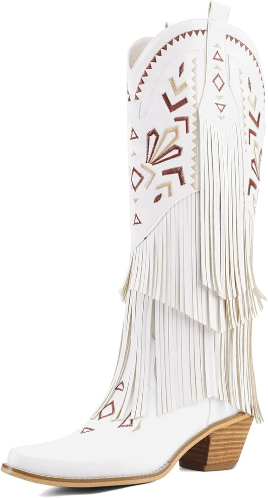 Women's Fringe Cowboy Boots Knee High, Embroidered Western Cowgirl Boots with Tassel, Pointed Toe Chunky Heel Pull On Boho Festival Concert Boots 