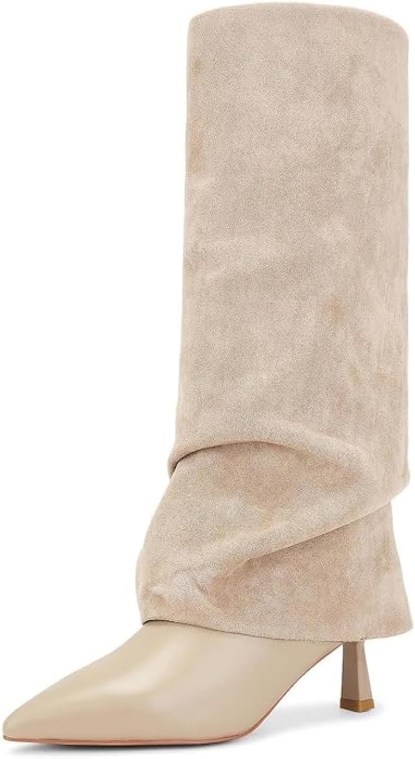 Women's Slouchy Knee High Boots Suede, Fold Over Pointed Toe High Heel Slip On Dress Boots, Chic Tall Boots for Daily Wear Party Dating 