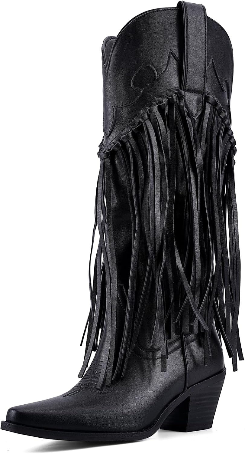 Rhinestone Fringe Cowgirl Boots for Women, Knee High Western Boots with Embroidery, Pointed Toe Chunky Heel Pull On, Concert Festival Statement Boots 