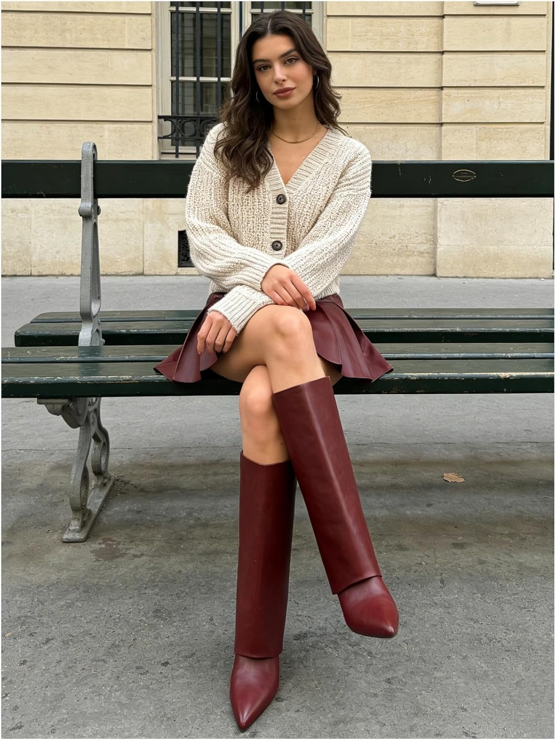 Fold Over Knee High Boots for Women, Slouchy Pull On Wedge Heel Boots with Pointed Toe, Vintage Style Dress Boots for Party, Dating, Fall Casual Outfits 
