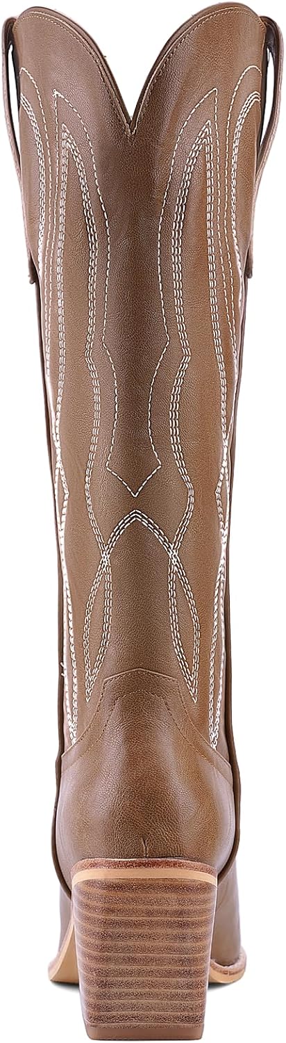 Women's Embroidered Knee-High Western Cowboy Boots, Soft Faux Leather Pull-On Fashion Cowgirl Boots with Pointed Toe and Chunky Heel for Concert, Festival, Party and Daily Outfit 