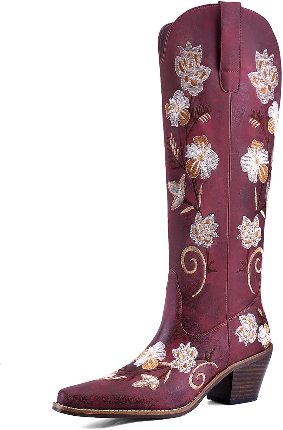 Women's White Cowboy Boots Knee High, Floral Embroidered Western Boots with Pointed Toe & Chunky Heel, Pull On Cowgirl Boots for Spring Outfit, Concert, Festival & Daily Wear 