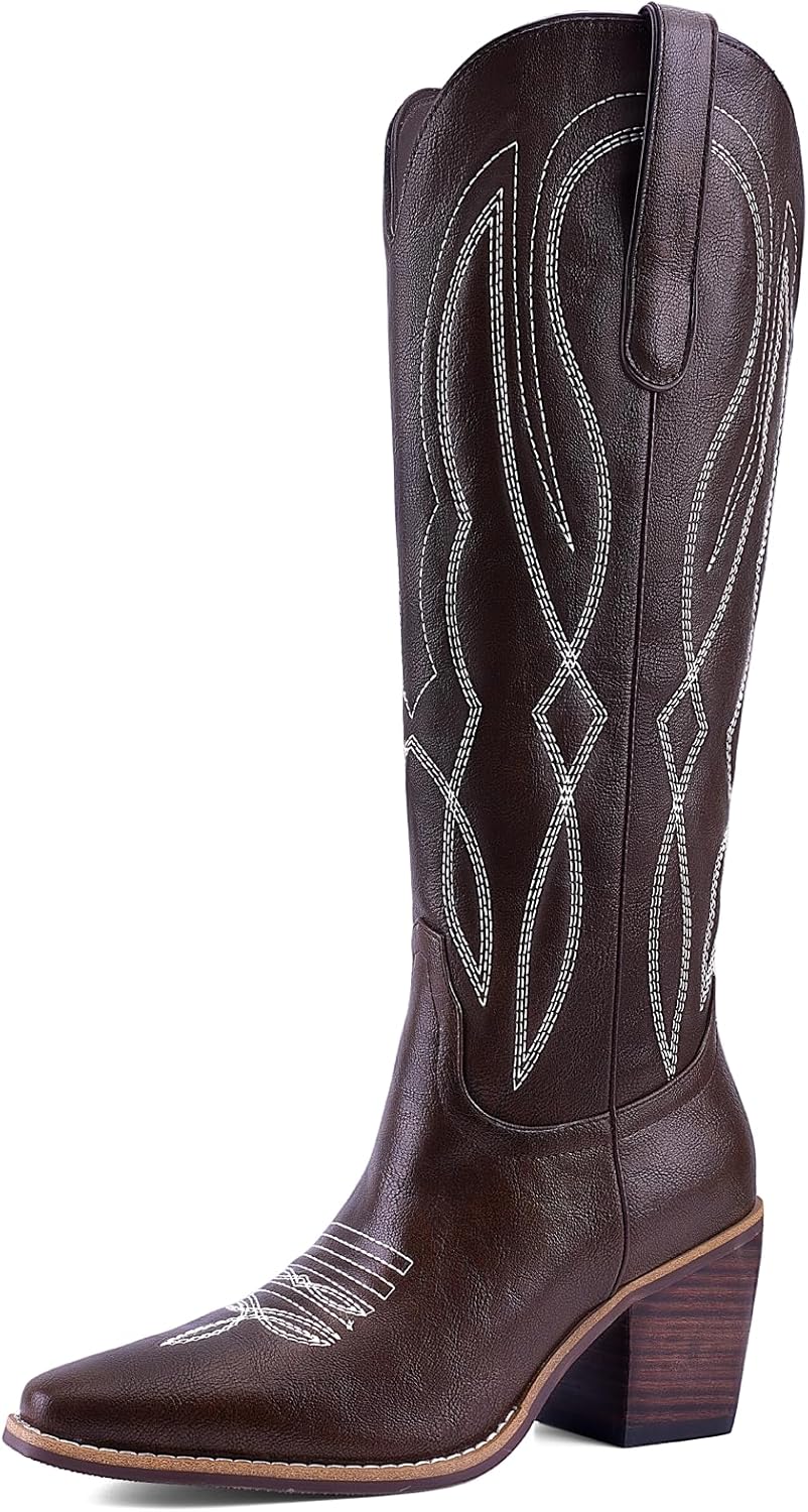 Women's Embroidered Knee-High Western Cowboy Boots, Soft Faux Leather Pull-On Fashion Cowgirl Boots with Pointed Toe and Chunky Heel for Concert, Festival, Party and Daily Outfit