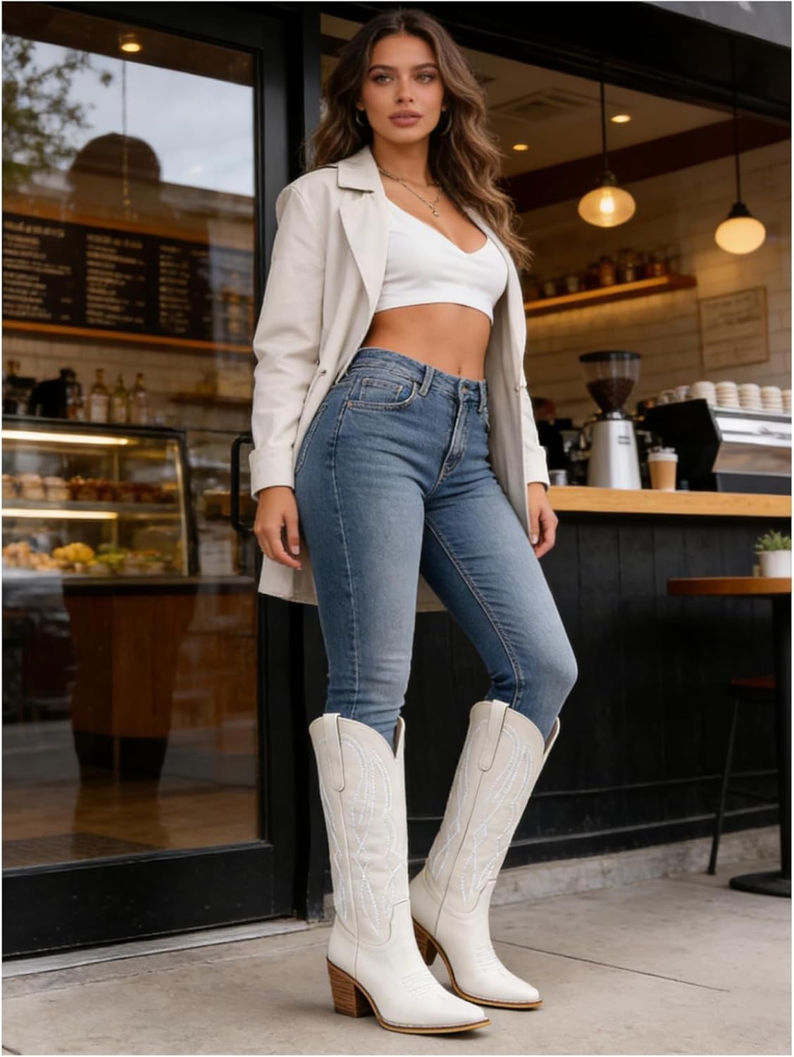 Women's Embroidered Knee-High Western Cowboy Boots, Soft Faux Leather Pull-On Fashion Cowgirl Boots with Pointed Toe and Chunky Heel for Concert, Festival, Party and Daily Outfit 
