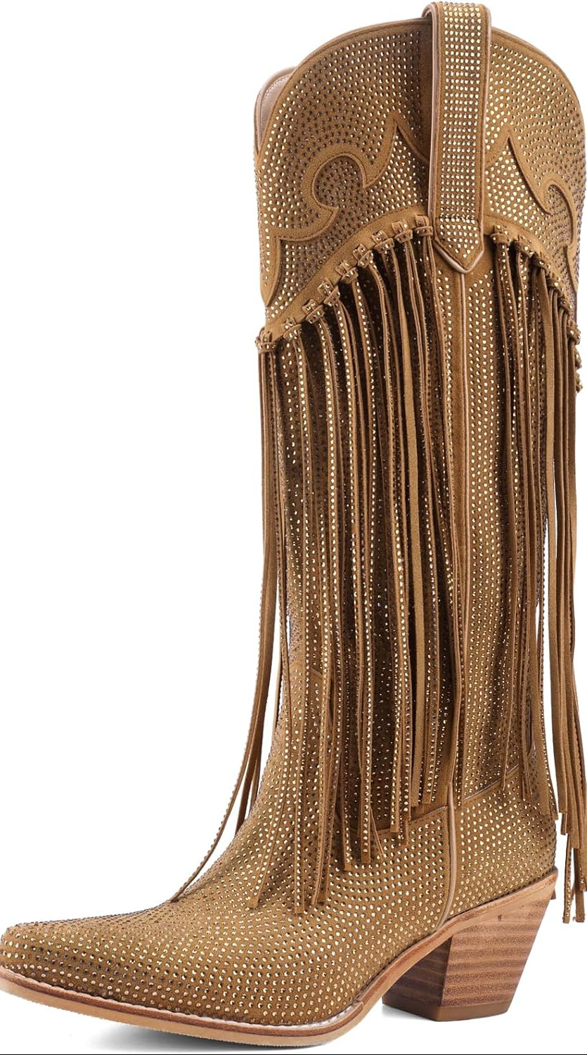 Rhinestone Fringe Cowgirl Boots for Women, Knee High Western Boots with Embroidery, Pointed Toe Chunky Heel Pull On, Concert Festival Statement Boots 
