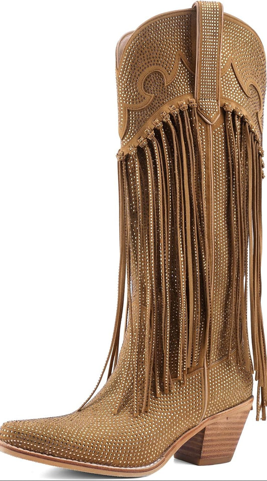 Rhinestone Fringe Cowgirl Boots for Women, Knee High Western Boots with Embroidery, Pointed Toe Chunky Heel Pull On, Concert Festival Statement Boots 