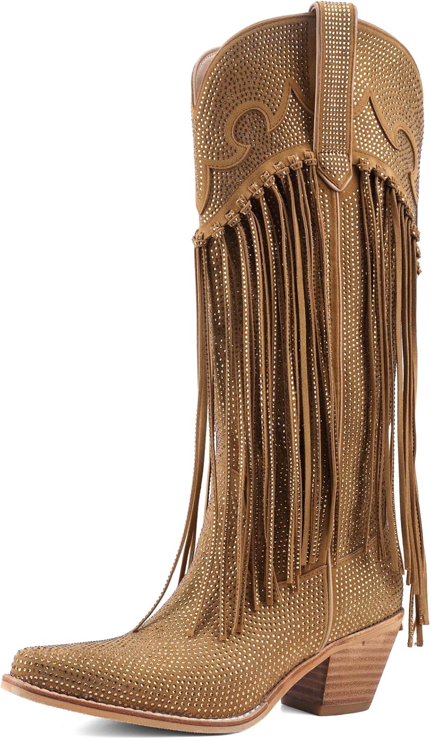 Rhinestone Fringe Cowgirl Boots for Women, Knee High Western Boots with Embroidery, Pointed Toe Chunky Heel Pull On, Concert Festival Statement Boots 