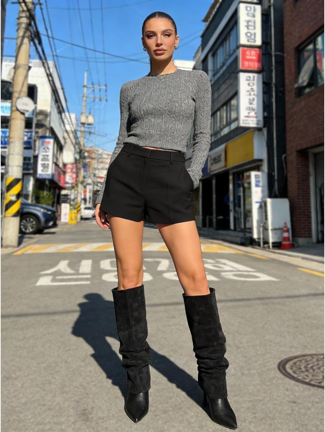 Women's Slouchy Knee High Boots Suede, Fold Over Pointed Toe High Heel Slip On Dress Boots, Chic Tall Boots for Daily Wear Party Dating 