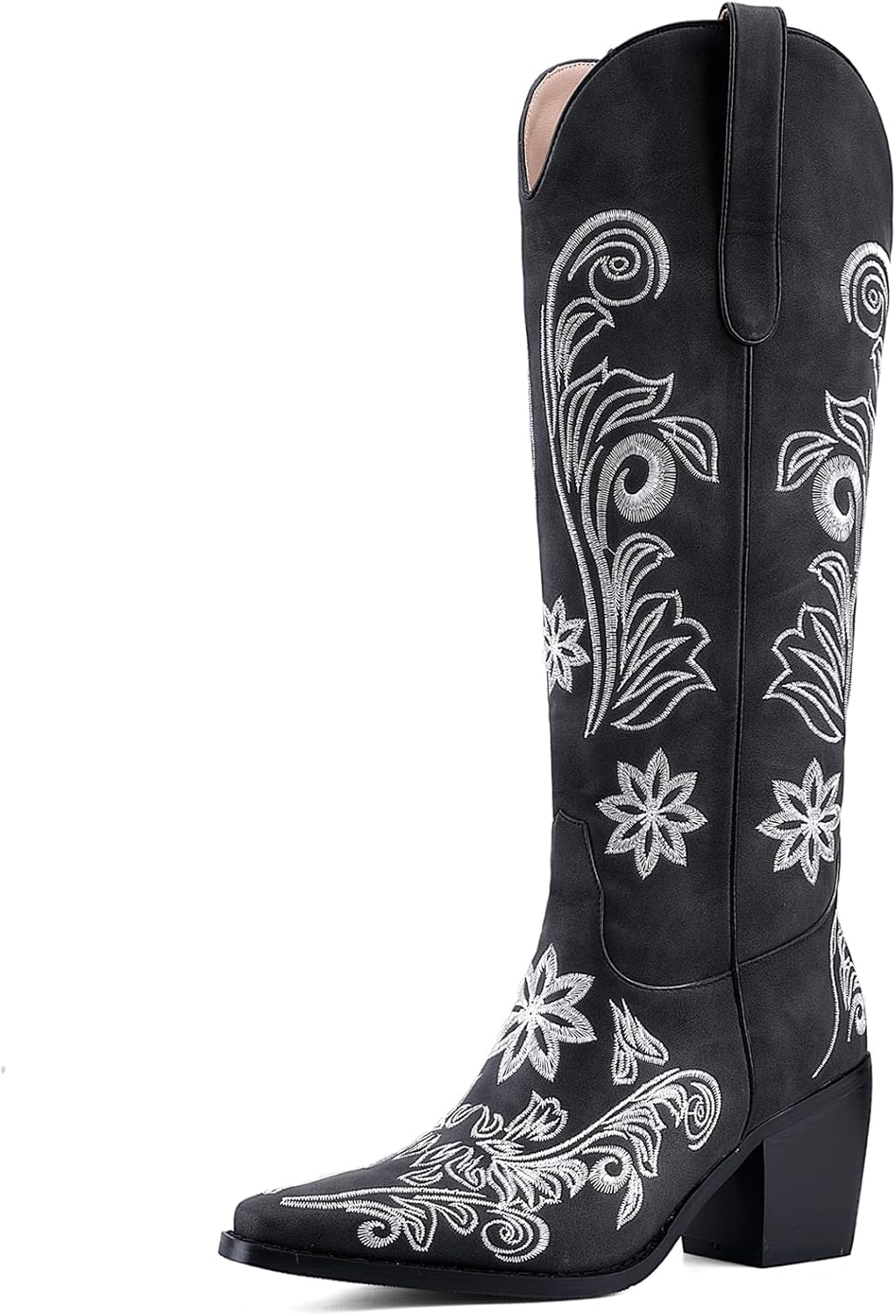 Women's White Cowboy Boots Knee High, Floral Embroidered Western Boots with Pointed Toe & Chunky Heel, Pull On Cowgirl Boots for Spring Outfit, Concert, Festival & Daily Wear 