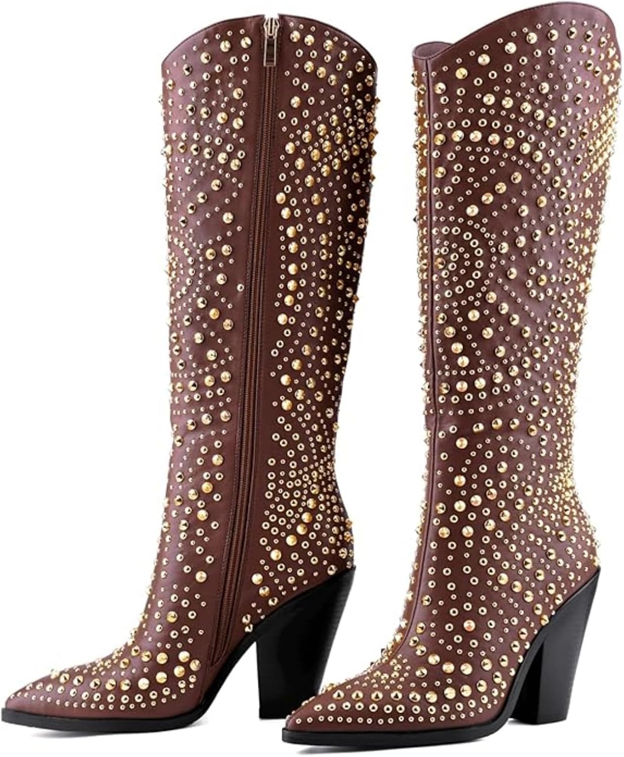 Luxurious Studded Women's Knee High Boots, Pointed Toe & Chunky Heel with Metallic Rivets and Rhinestones, Non-Slip Sole, Unique Design Rivets Boot for Party Concert Casual Fall 