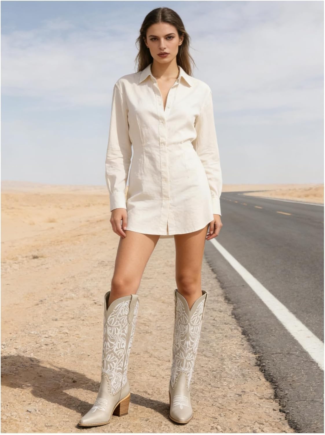 Women's Embroidered Knee-High Western Cowboy Boots, Soft Faux Leather Pull-On Fashion Cowgirl Boots with Pointed Toe and Chunky Heel for Concert, Festival, Party and Daily Outfit 