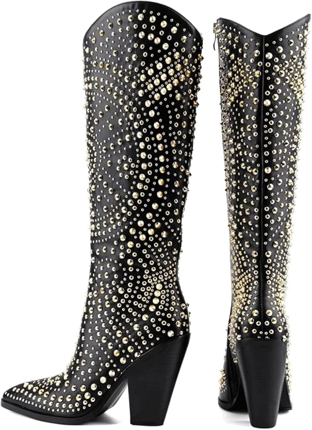 Luxurious Studded Women's Knee High Boots, Pointed Toe & Chunky Heel with Metallic Rivets and Rhinestones, Non-Slip Sole, Unique Design Rivets Boot for Party Concert Casual Fall 
