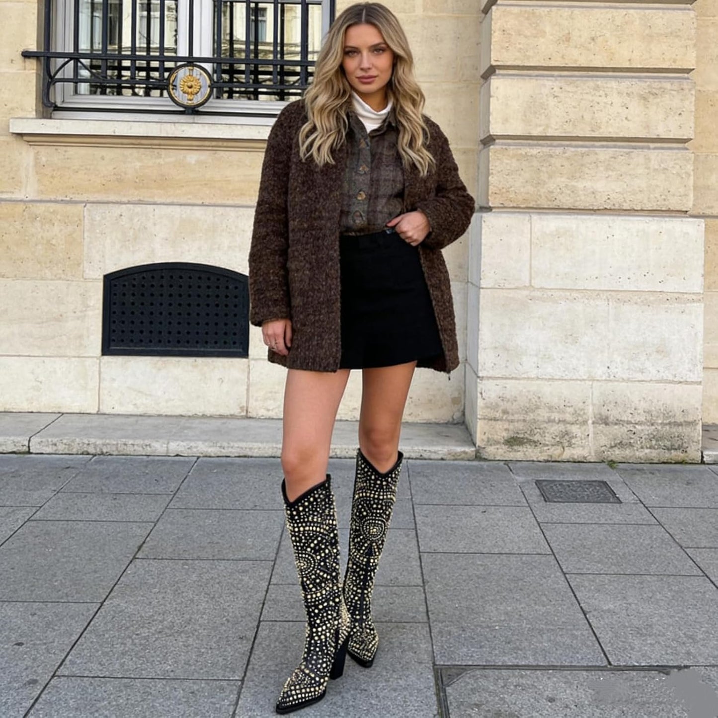 Luxurious Studded Women's Knee High Boots, Pointed Toe & Chunky Heel with Metallic Rivets and Rhinestones, Non-Slip Sole, Unique Design Rivets Boot for Party Concert Casual Fall 