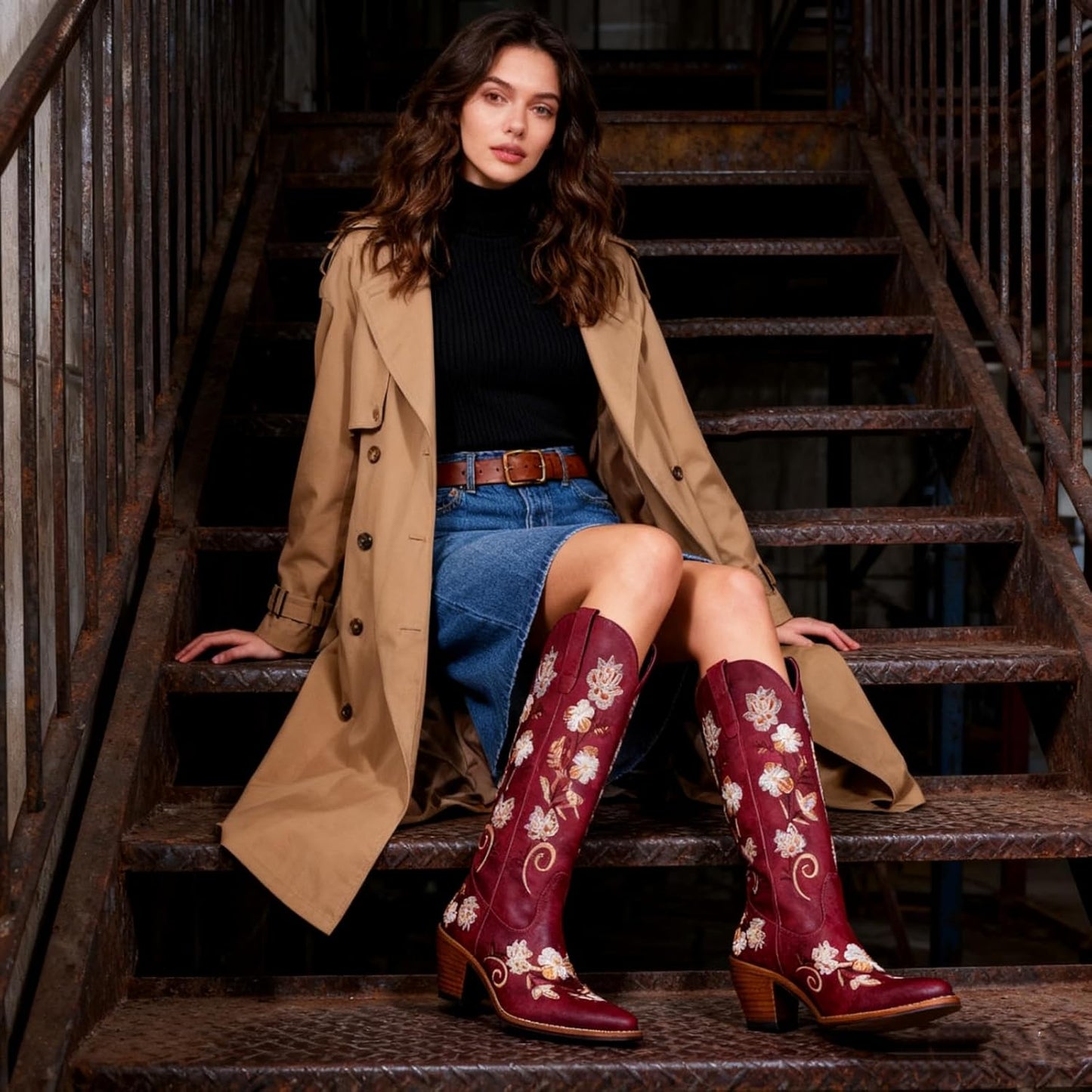 Women's White Cowboy Boots Knee High, Floral Embroidered Western Boots with Pointed Toe & Chunky Heel, Pull On Cowgirl Boots for Spring Outfit, Concert, Festival & Daily Wear 