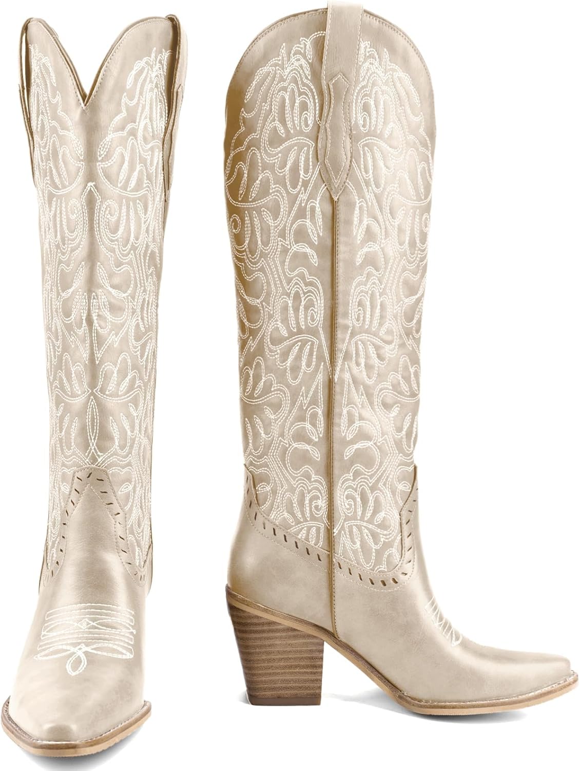 Women's Embroidered Knee-High Western Cowboy Boots, Soft Faux Leather Pull-On Fashion Cowgirl Boots with Pointed Toe and Chunky Heel for Concert, Festival, Party and Daily Outfit 