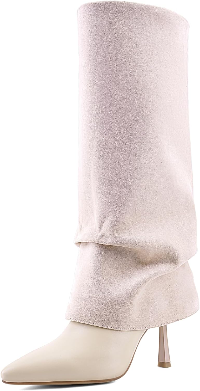 Women's Slouchy Knee High Boots Suede, Fold Over Pointed Toe High Heel Slip On Dress Boots, Chic Tall Boots for Daily Wear Party Dating 