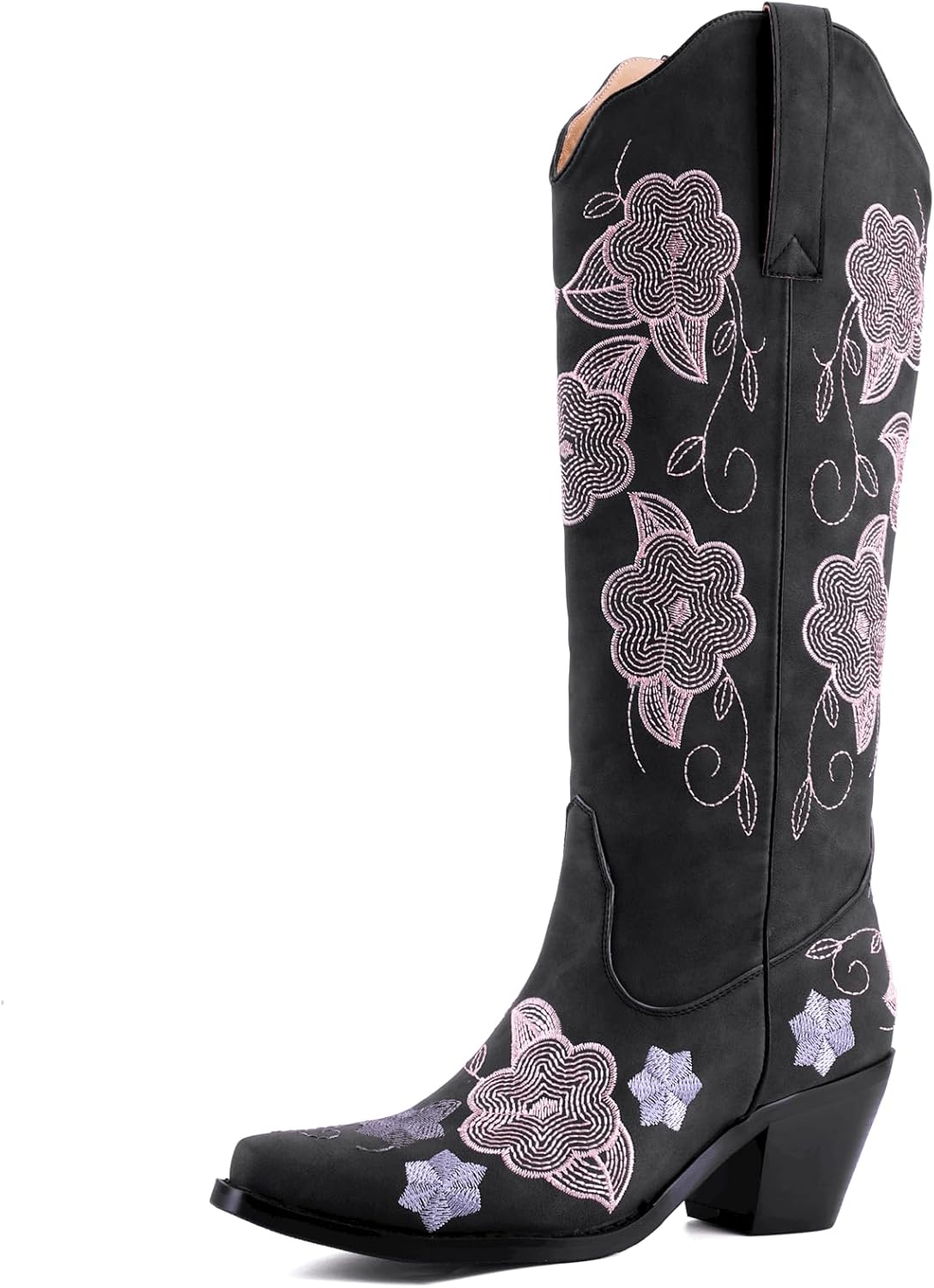 Women's White Cowboy Boots Knee High, Floral Embroidered Western Boots with Pointed Toe & Chunky Heel, Pull On Cowgirl Boots for Spring Outfit, Concert, Festival & Daily Wear 
