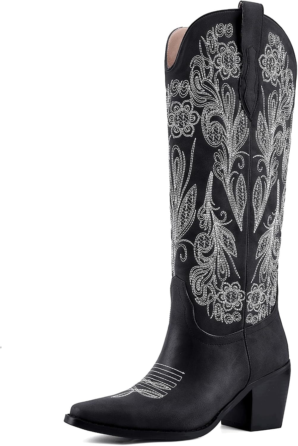 Women's White Cowboy Boots Knee High, Floral Embroidered Western Boots with Pointed Toe & Chunky Heel, Pull On Cowgirl Boots for Spring Outfit, Concert, Festival & Daily Wear 