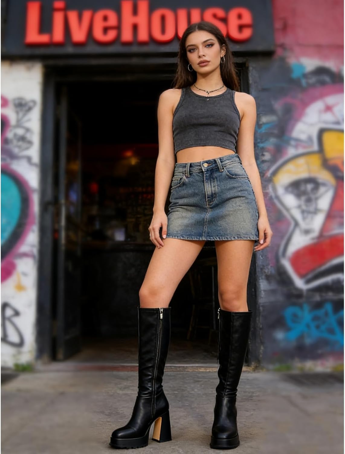 Women's Knee High Platform Gogo Boots, Chunky Block Heel Square Toe with Side Zipper, Party Performance Boots with Thick Sole for Night Out, Concert, Dance, Vacation 