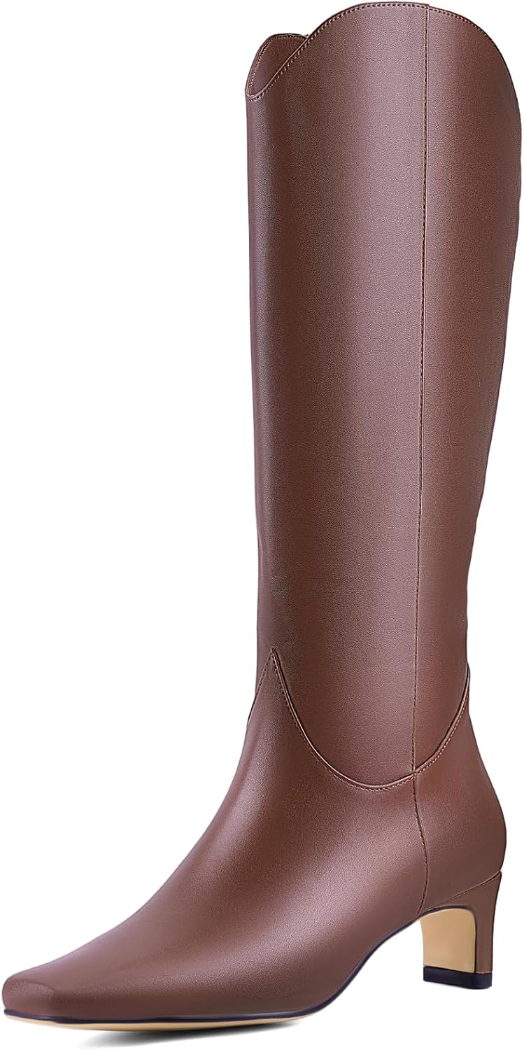 Women's Knee High Boots Square Toe, Chunky Heel Pull On Boots, Faux Leather Non-Slip Winter Boots for Party, Dating & Daily Wear, Minimalist Classic Style in Gold & Black 