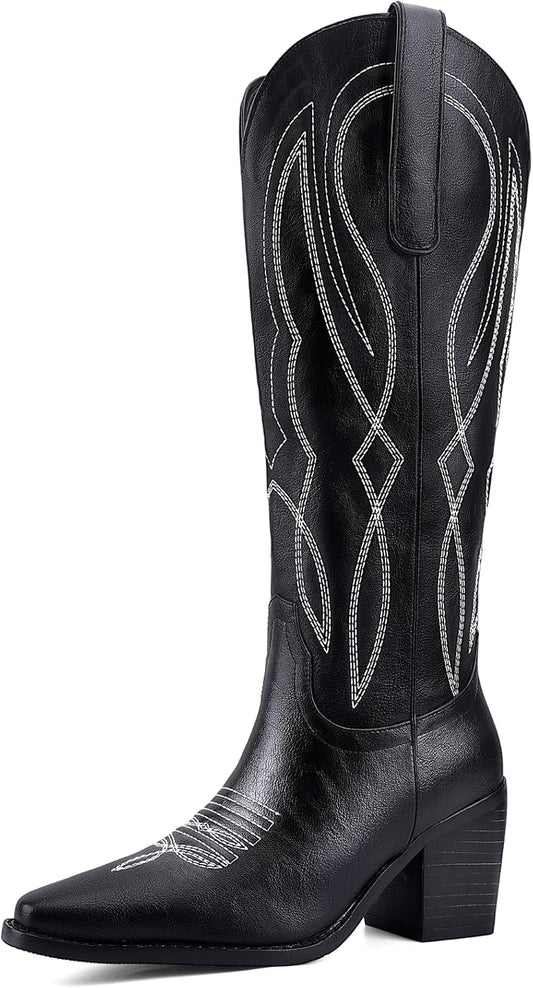 Women's Embroidered Knee-High Western Cowboy Boots, Soft Faux Leather Pull-On Fashion Cowgirl Boots with Pointed Toe and Chunky Heel for Concert, Festival, Party and Daily Outfit