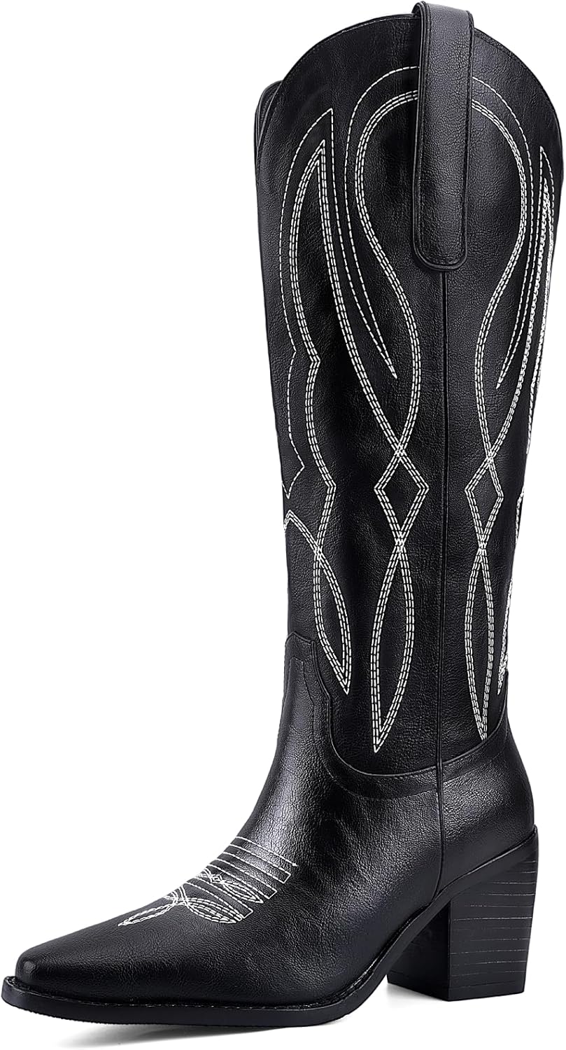Women's Embroidered Knee-High Western Cowboy Boots, Soft Faux Leather Pull-On Fashion Cowgirl Boots with Pointed Toe and Chunky Heel for Concert, Festival, Party and Daily Outfit
