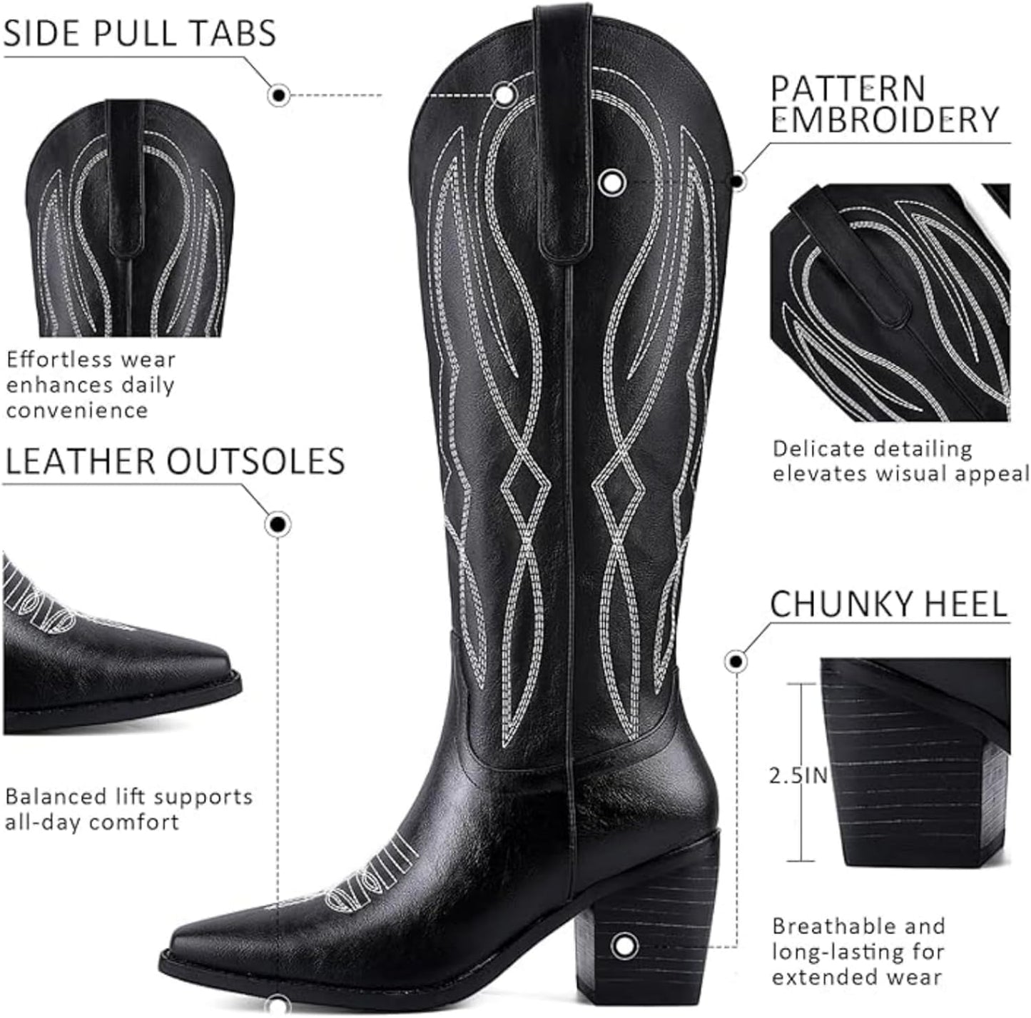 Women's Embroidered Knee-High Western Cowboy Boots, Soft Faux Leather Pull-On Fashion Cowgirl Boots with Pointed Toe and Chunky Heel for Concert, Festival, Party and Daily Outfit