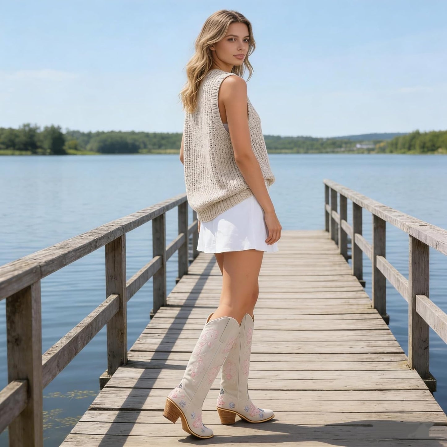 Women's White Cowboy Boots Knee High, Floral Embroidered Western Boots with Pointed Toe & Chunky Heel, Pull On Cowgirl Boots for Spring Outfit, Concert, Festival & Daily Wear 