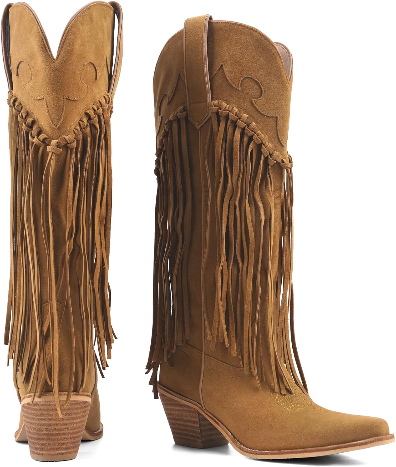 Rhinestone Fringe Cowgirl Boots for Women, Knee High Western Boots with Embroidery, Pointed Toe Chunky Heel Pull On, Concert Festival Statement Boots 