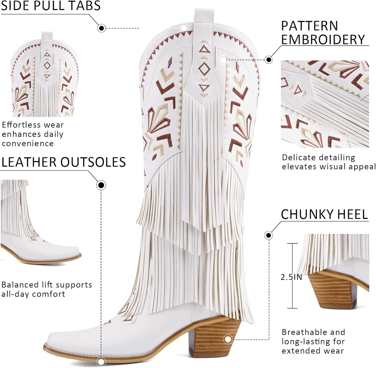 Women's Fringe Cowboy Boots Knee High, Embroidered Western Cowgirl Boots with Tassel, Pointed Toe Chunky Heel Pull On Boho Festival Concert Boots 