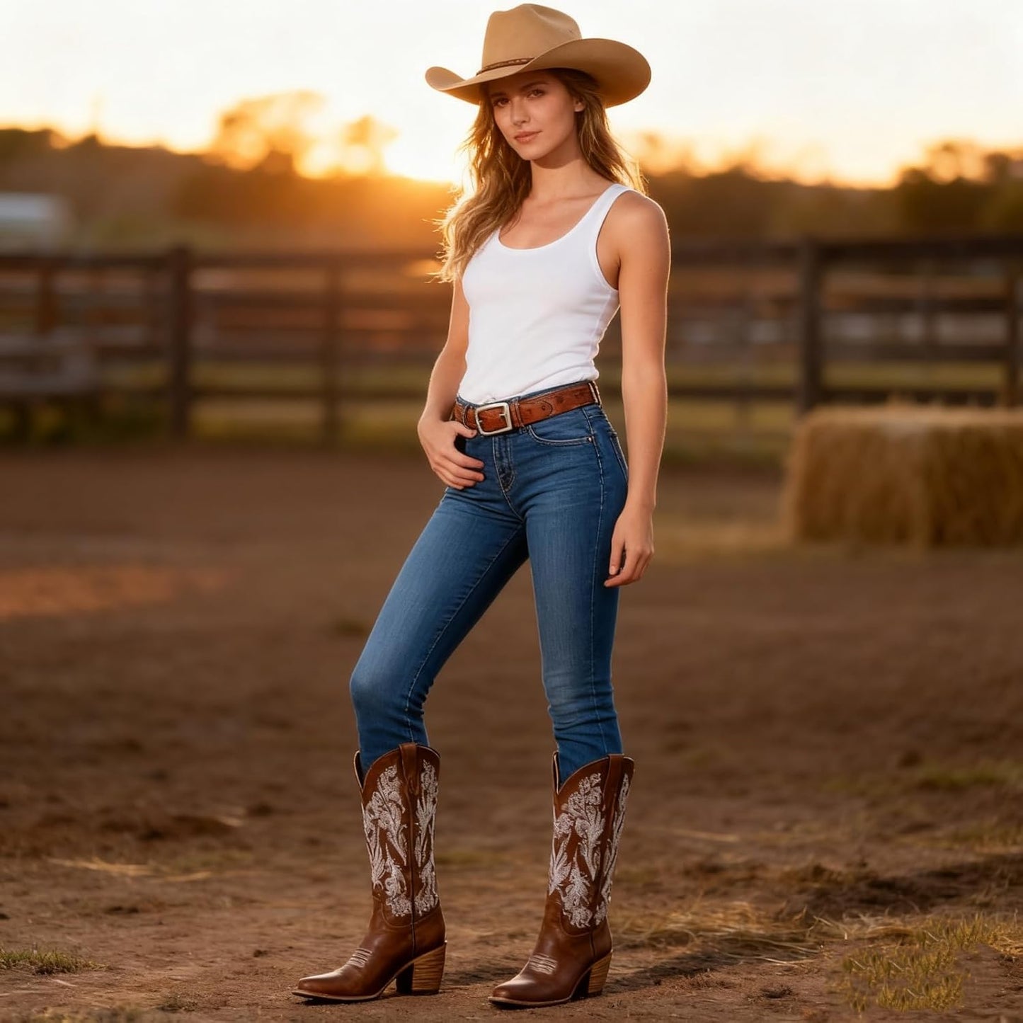 Women's White Cowboy Boots Knee High, Floral Embroidered Western Boots with Pointed Toe & Chunky Heel, Pull On Cowgirl Boots for Spring Outfit, Concert, Festival & Daily Wear 