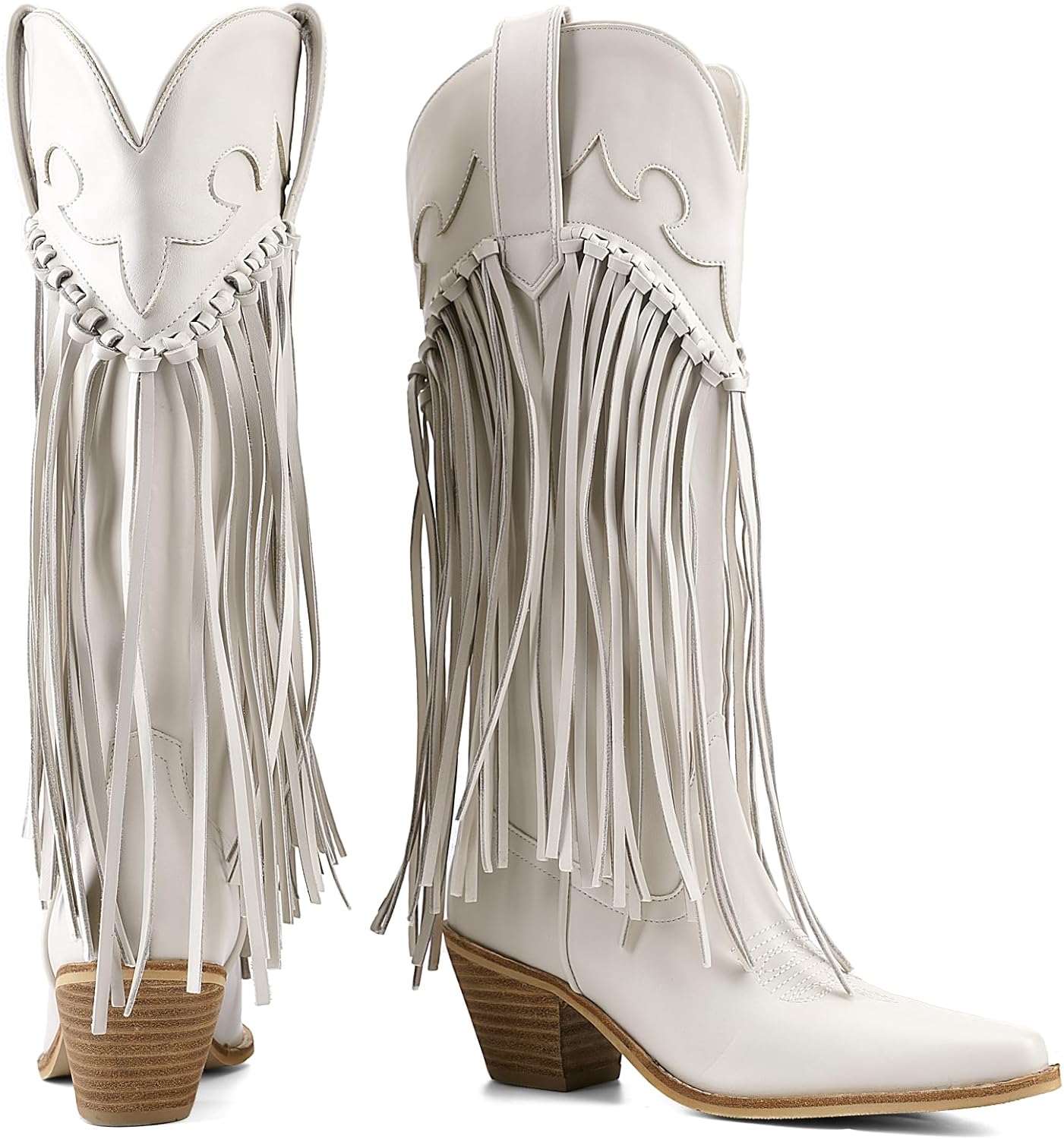 Rhinestone Fringe Cowgirl Boots for Women, Knee High Western Boots with Embroidery, Pointed Toe Chunky Heel Pull On, Concert Festival Statement Boots 