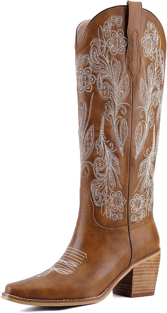 Women's White Cowboy Boots Knee High, Floral Embroidered Western Boots with Pointed Toe & Chunky Heel, Pull On Cowgirl Boots for Spring Outfit, Concert, Festival & Daily Wear 