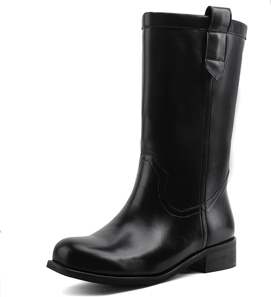 Women's Mid Calf Riding Boots with Chunky Heel, Pull On Classic Boots, Comfortable Round Toe Casual Dress Boots for Daily Party Dating Commuting 