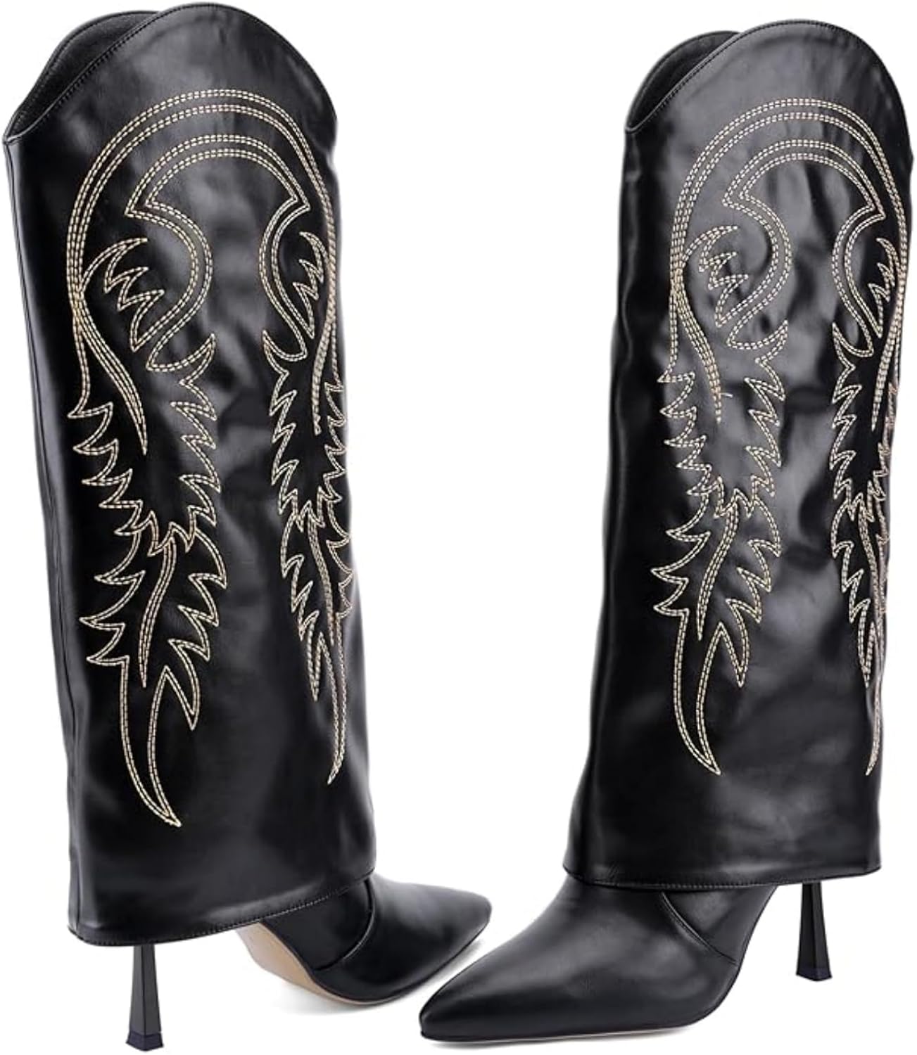 Knee High Cowgirl Boots for Women, Western Fold Over Stiletto Heel, Pointed Toe Pull-On Boots with Leaf Embroidery, Elegant Dress Boots for Party Vacation Casual Wear 