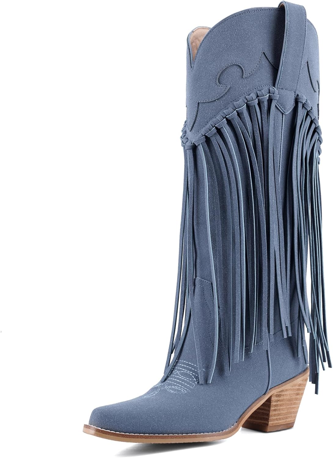 Rhinestone Fringe Cowgirl Boots for Women, Knee High Western Boots with Embroidery, Pointed Toe Chunky Heel Pull On, Concert Festival Statement Boots 