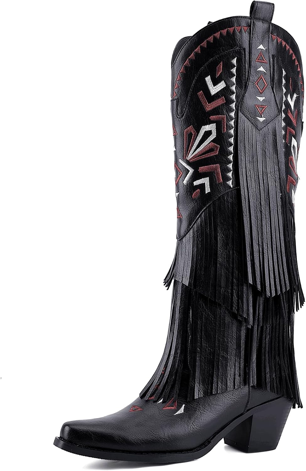 Women's Fringe Cowboy Boots Knee High, Embroidered Western Cowgirl Boots with Tassel, Pointed Toe Chunky Heel Pull On Boho Festival Concert Boots 