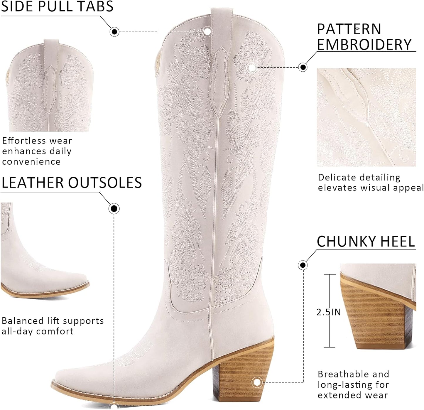 Women's White Cowboy Boots Knee High, Floral Embroidered Western Boots with Pointed Toe & Chunky Heel, Pull On Cowgirl Boots for Spring Outfit, Concert, Festival & Daily Wear 