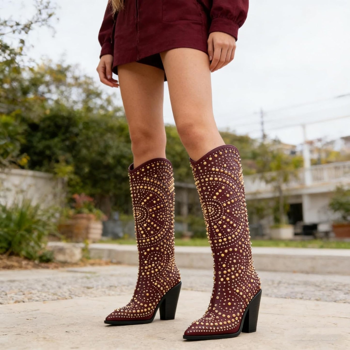 Luxurious Studded Women's Knee High Boots, Pointed Toe & Chunky Heel with Metallic Rivets and Rhinestones, Non-Slip Sole, Unique Design Rivets Boot for Party Concert Casual Fall 