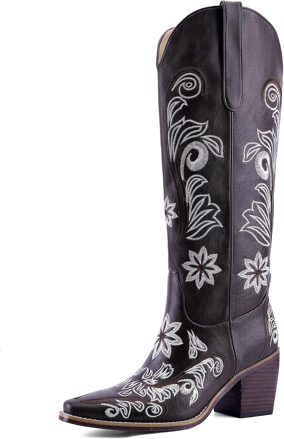 Women's White Cowboy Boots Knee High, Floral Embroidered Western Boots with Pointed Toe & Chunky Heel, Pull On Cowgirl Boots for Spring Outfit, Concert, Festival & Daily Wear 