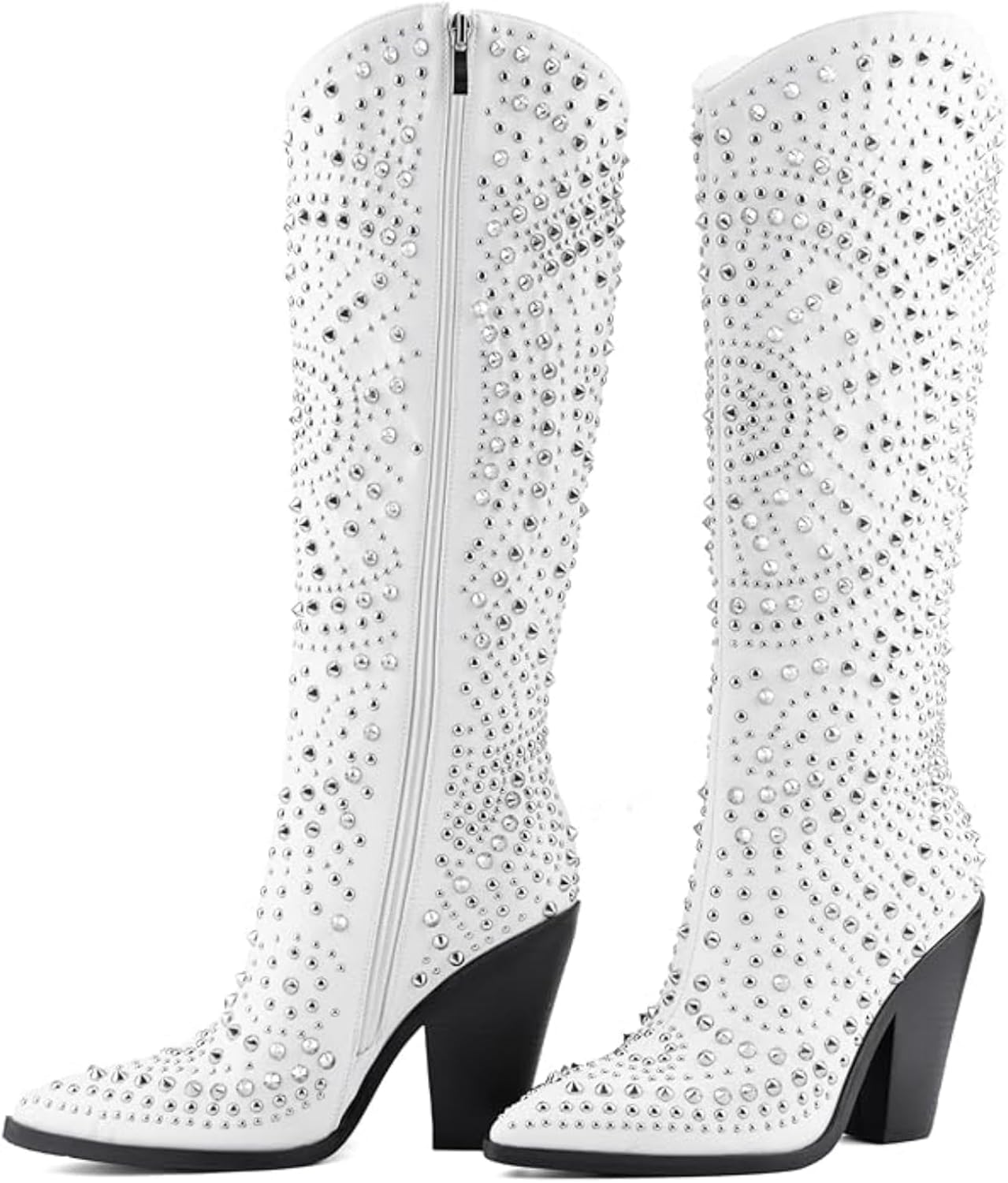Luxurious Studded Women's Knee High Boots, Pointed Toe & Chunky Heel with Metallic Rivets and Rhinestones, Non-Slip Sole, Unique Design Rivets Boot for Party Concert Casual Fall 