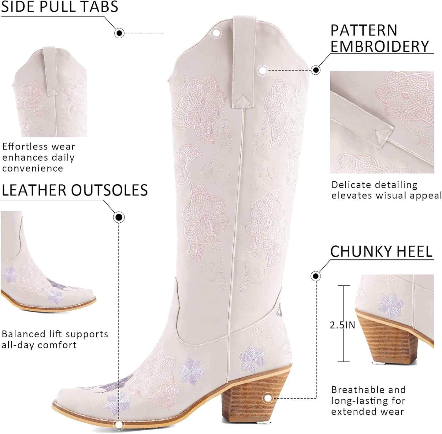 Women's White Cowboy Boots Knee High, Floral Embroidered Western Boots with Pointed Toe & Chunky Heel, Pull On Cowgirl Boots for Spring Outfit, Concert, Festival & Daily Wear 
