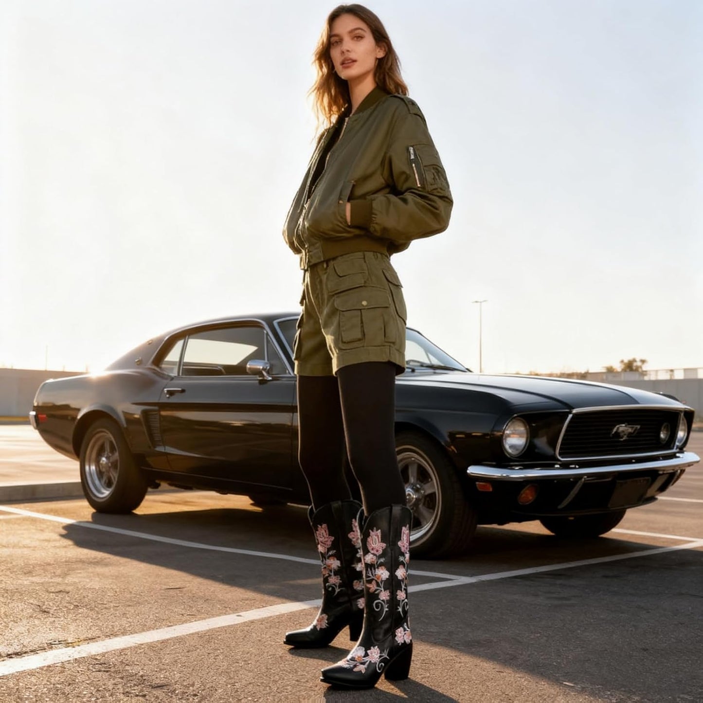 Women's White Cowboy Boots Knee High, Floral Embroidered Western Boots with Pointed Toe & Chunky Heel, Pull On Cowgirl Boots for Spring Outfit, Concert, Festival & Daily Wear 