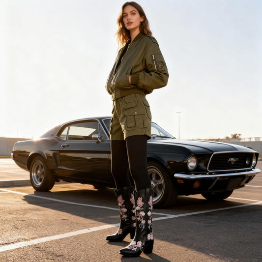 Women's White Cowboy Boots Knee High, Floral Embroidered Western Boots with Pointed Toe & Chunky Heel, Pull On Cowgirl Boots for Spring Outfit, Concert, Festival & Daily Wear 