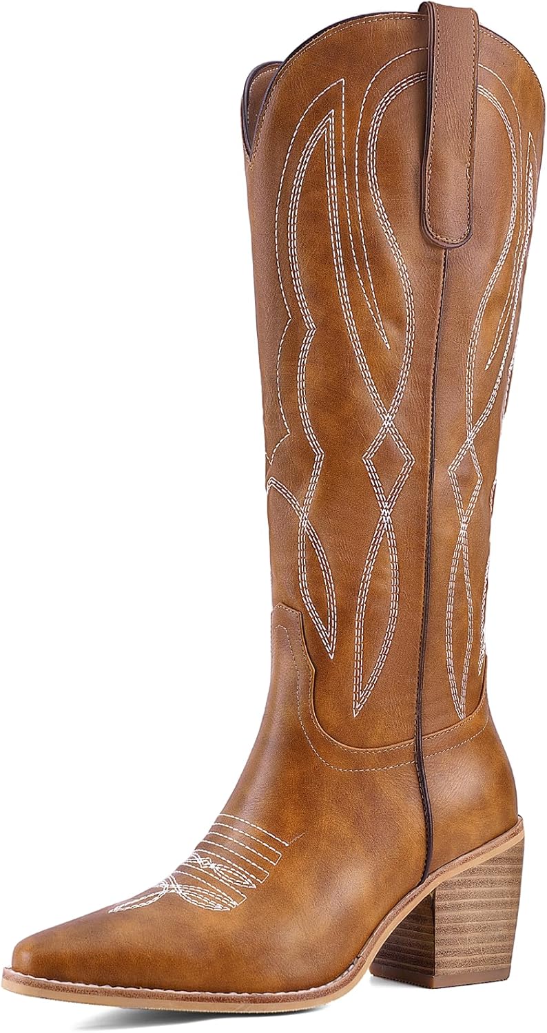 Women's Embroidered Knee-High Western Cowboy Boots, Soft Faux Leather Pull-On Fashion Cowgirl Boots with Pointed Toe and Chunky Heel for Concert, Festival, Party and Daily Outfit 