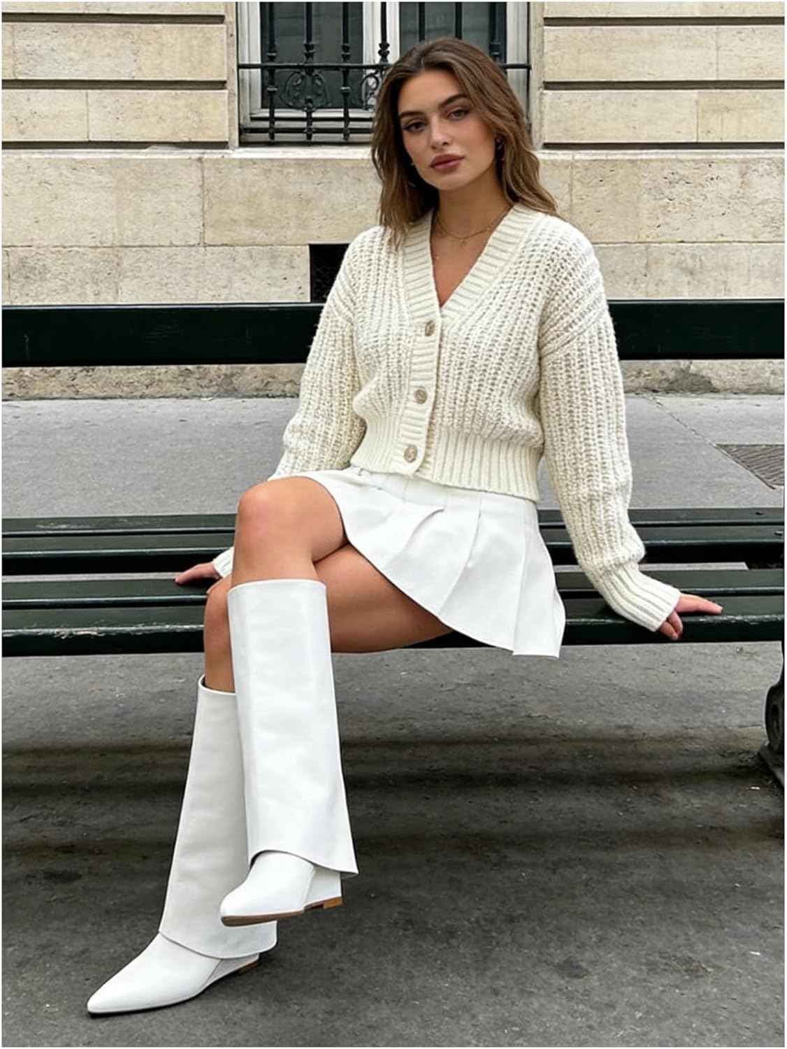 Fold Over Knee High Boots for Women, Slouchy Pull On Wedge Heel Boots with Pointed Toe, Vintage Style Dress Boots for Party, Dating, Fall Casual Outfits 