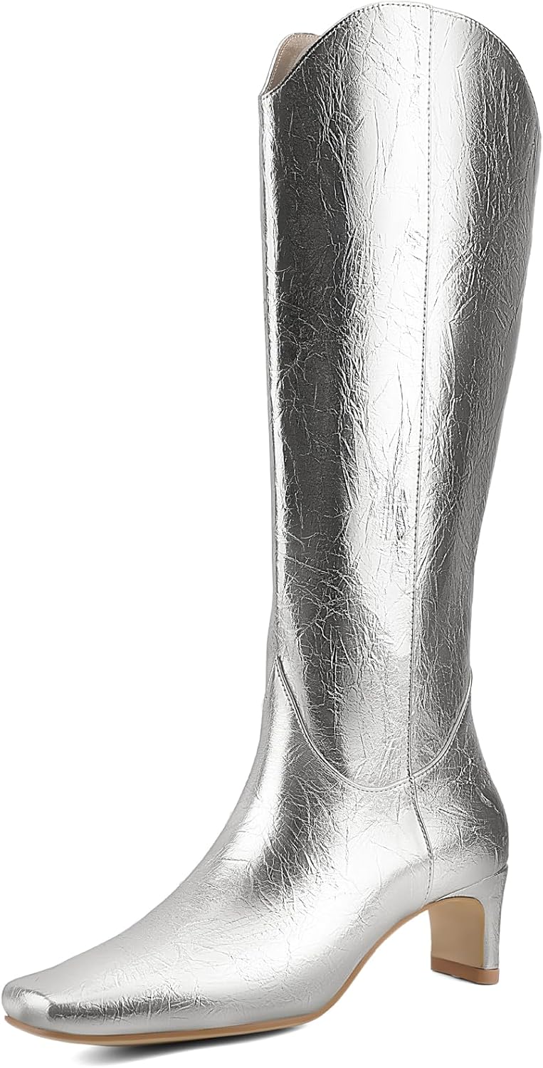 Women's Knee High Boots Square Toe, Chunky Heel Pull On Boots, Faux Leather Non-Slip Winter Boots for Party, Dating & Daily Wear, Minimalist Classic Style in Gold & Black 