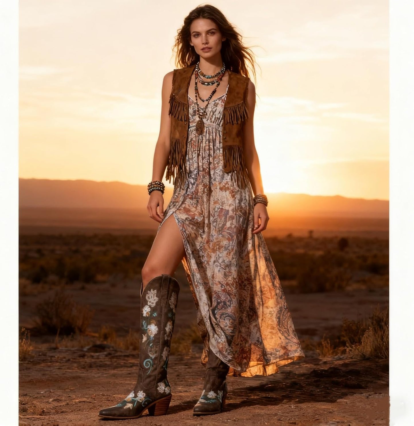 Women's White Cowboy Boots Knee High, Floral Embroidered Western Boots with Pointed Toe & Chunky Heel, Pull On Cowgirl Boots for Spring Outfit, Concert, Festival & Daily Wear 