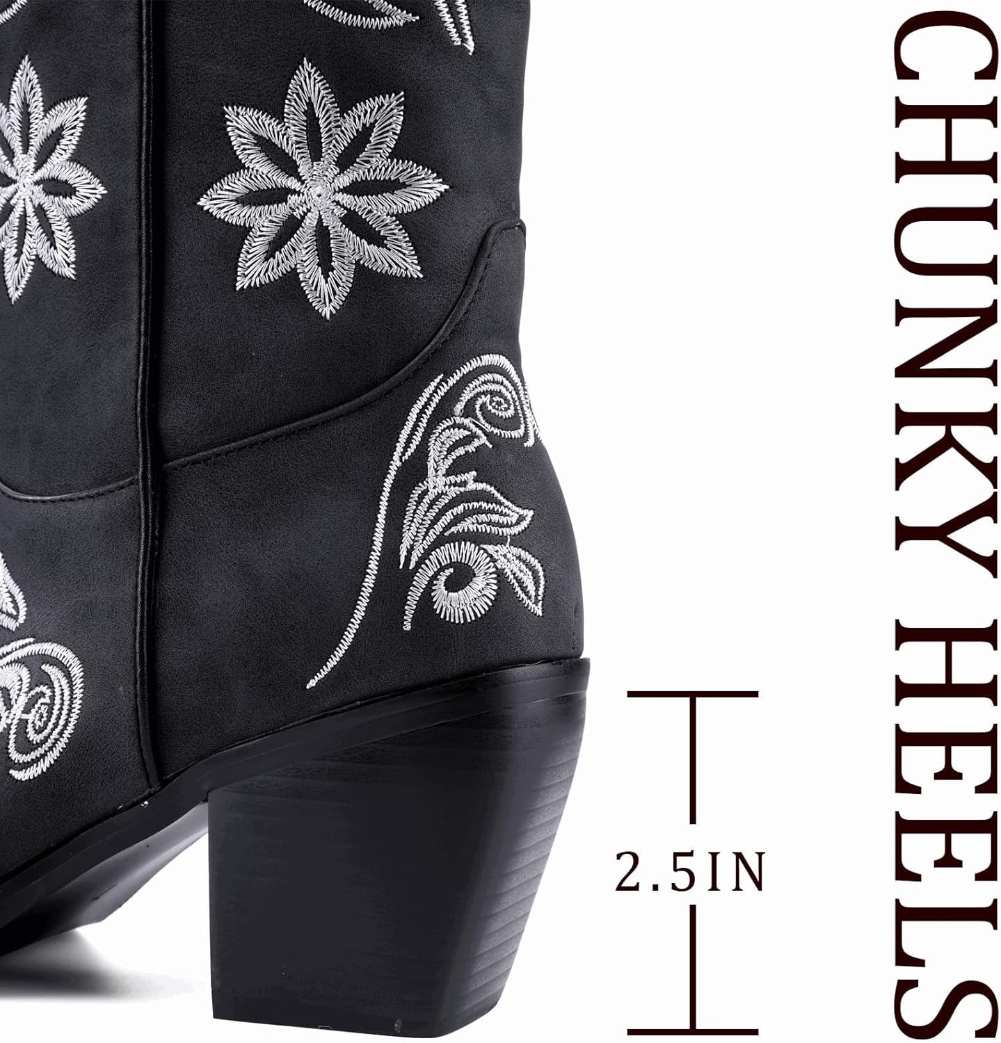 Women's White Cowboy Boots Knee High, Floral Embroidered Western Boots with Pointed Toe & Chunky Heel, Pull On Cowgirl Boots for Spring Outfit, Concert, Festival & Daily Wear 