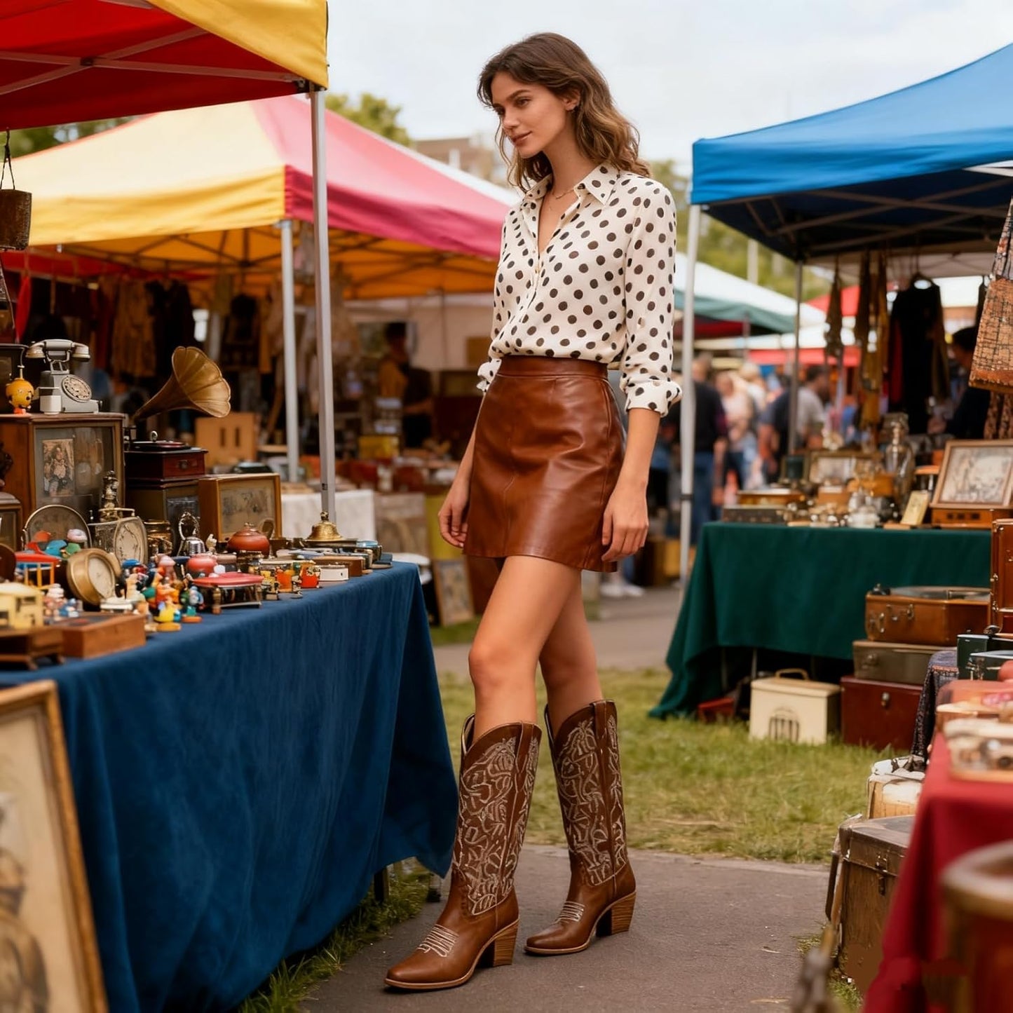 Women's Embroidered Knee-High Western Cowboy Boots, Soft Faux Leather Pull-On Fashion Cowgirl Boots with Pointed Toe and Chunky Heel for Concert, Festival, Party and Daily Outfit 